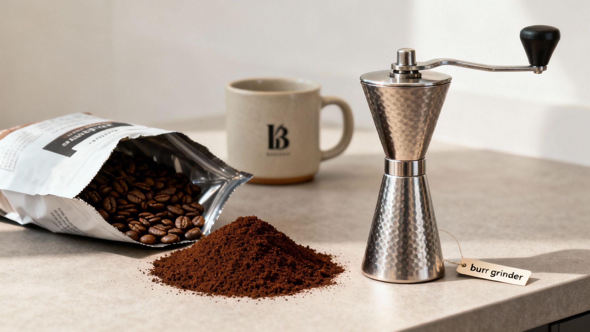 A bag of roasted coffee beans next to a pile of fresh ground coffee and a manual burr grinder.