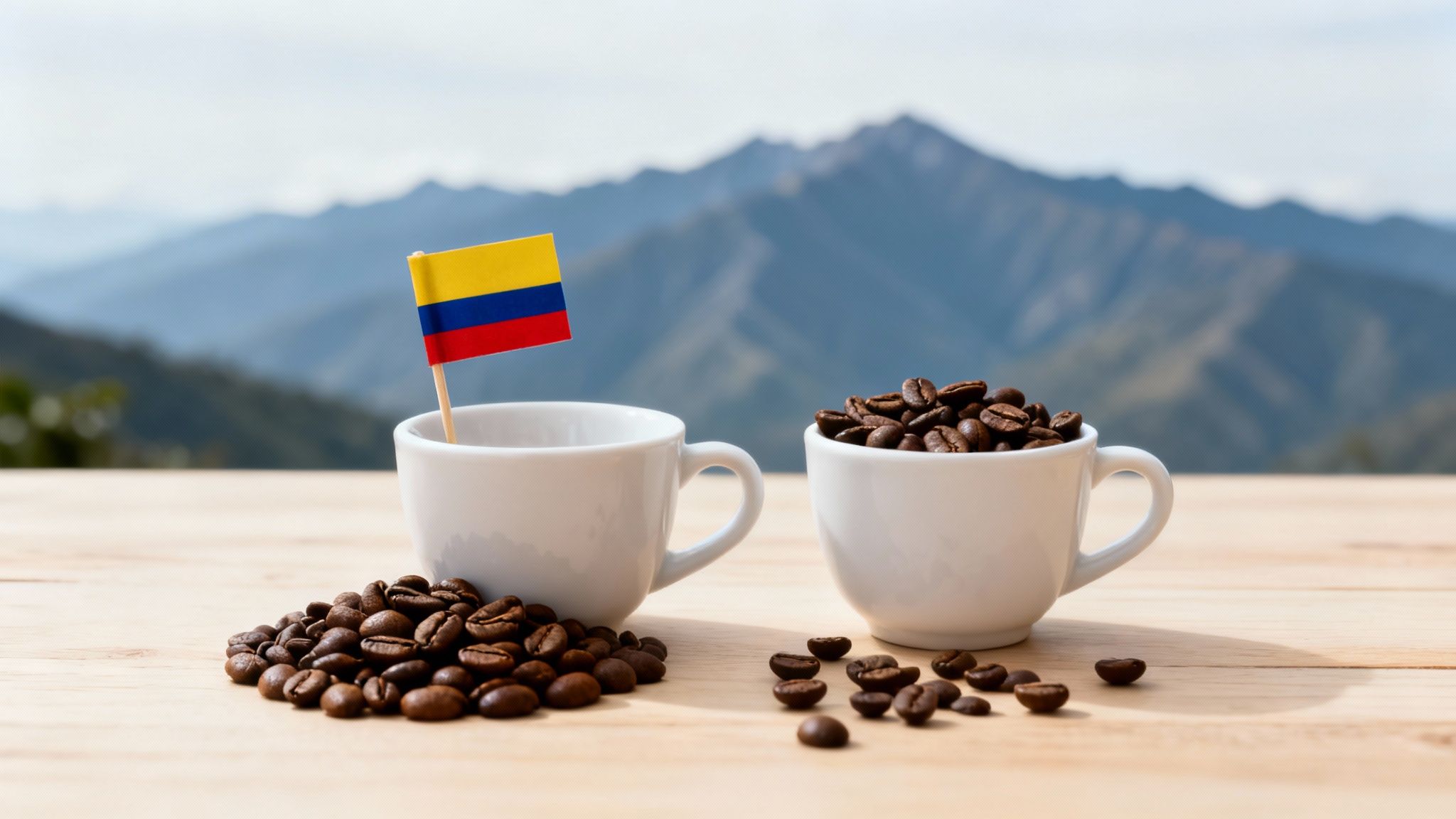 Two white cups on a wooden table with roasted coffee beans and a Colombian flag against a mountain backdrop.