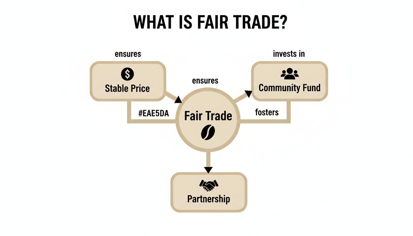 A diagram illustrating what Fair Trade is, connecting it to stable prices, community funds, and partnership.