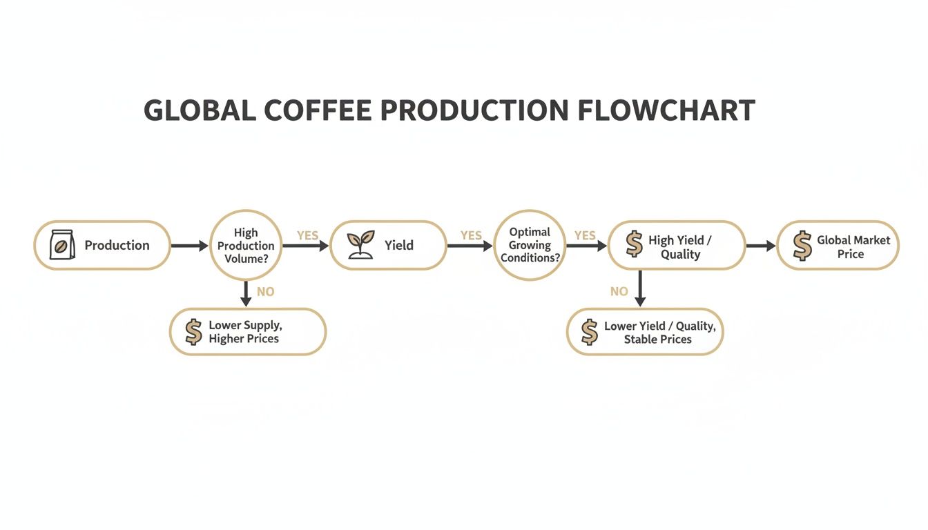 A flowchart illustrating the global coffee production process, from production volume to market price, with influencing factors.