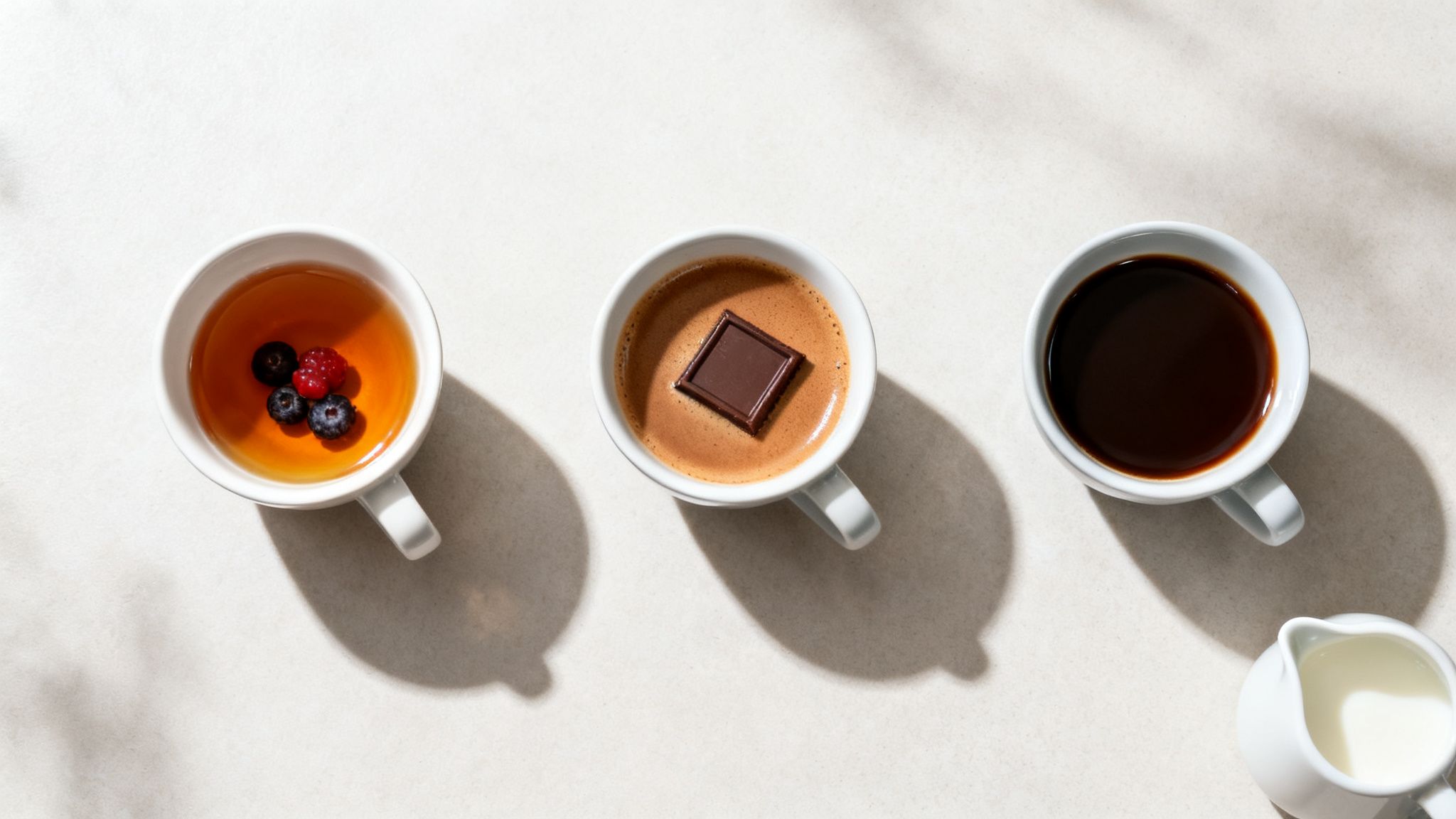 Overhead of three beverages: berry tea, chocolate espresso, black coffee, and milk pitcher.