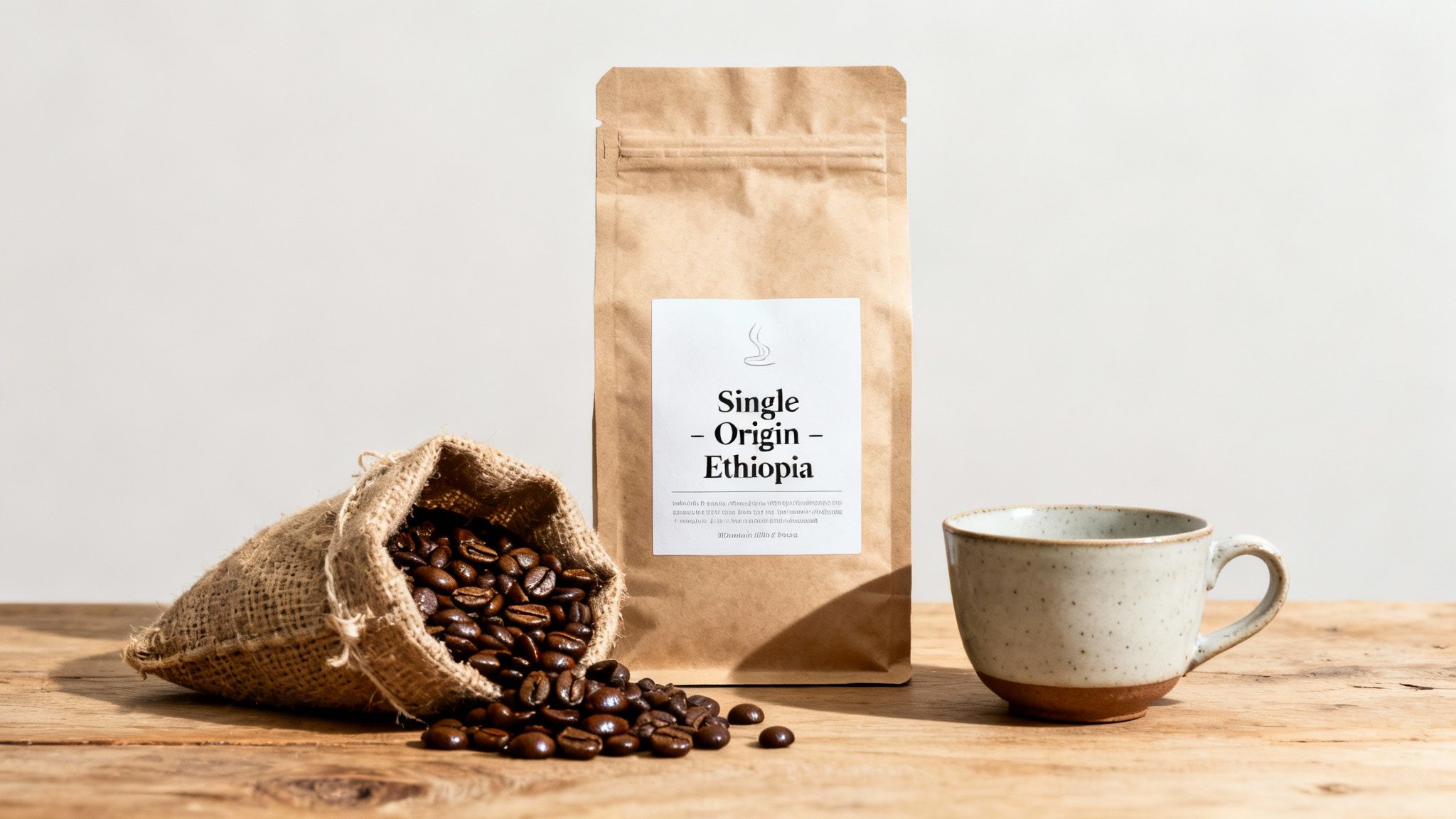 A single origin Ethiopian coffee bag, spilled beans, and a rustic ceramic mug on a wooden table.