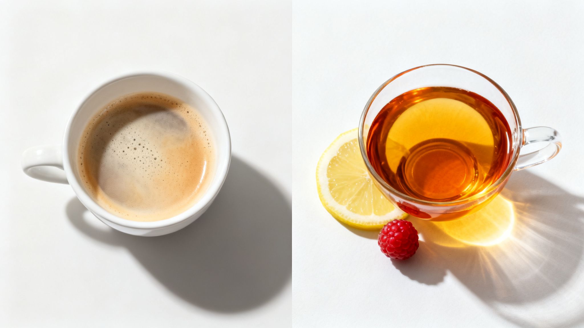 Overhead view of a white cup of coffee and a glass of tea with lemon and raspberry.