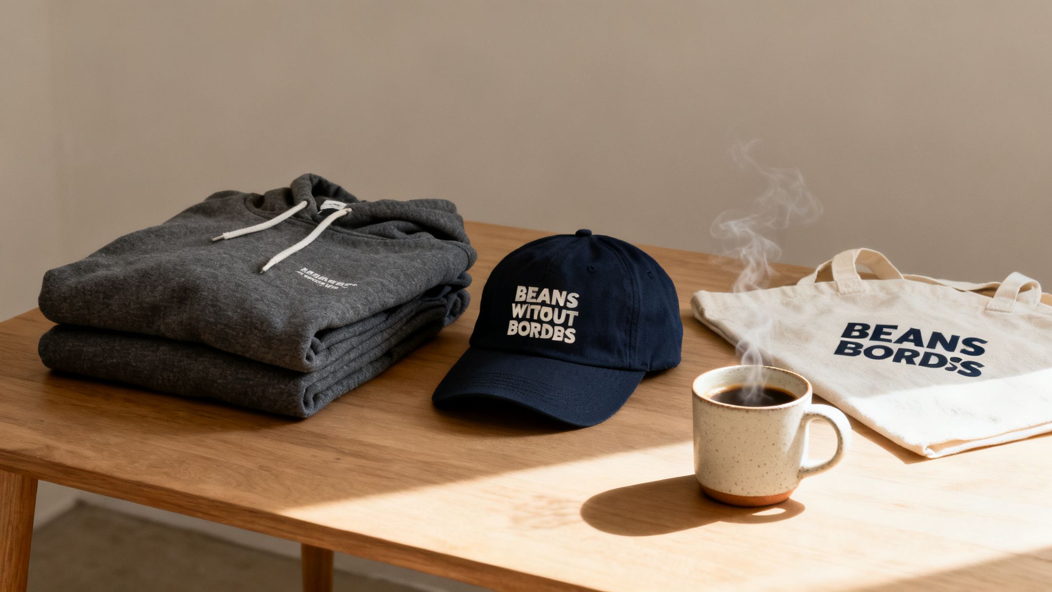 Coffee-themed merchandise including a stack of hoodies, a cap, a tote bag, and a steaming coffee mug.