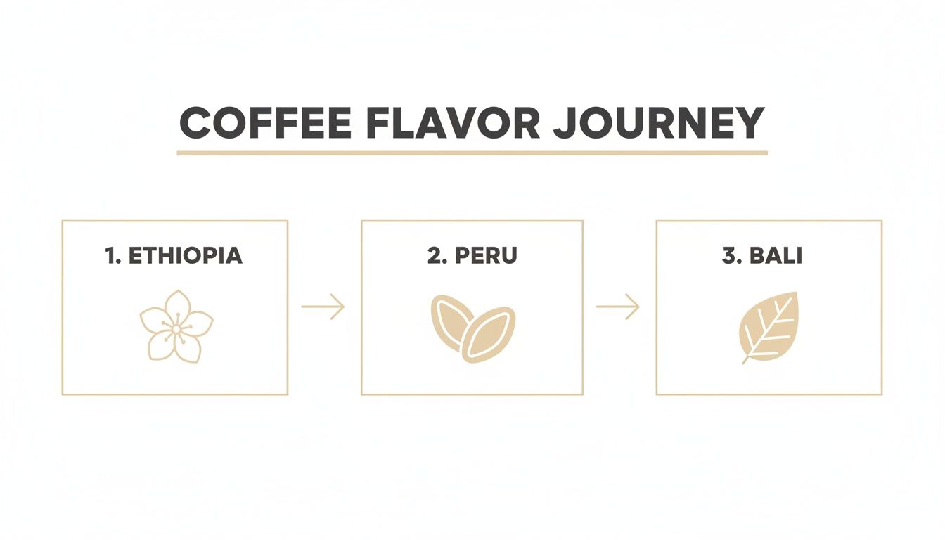 Infographic illustrating a coffee flavor journey with origins from Ethiopia, Peru, and Bali, depicted with icons.