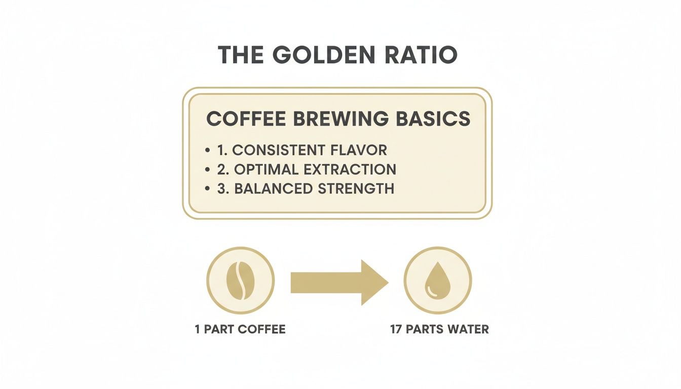 Infographic explains coffee brewing golden ratio: 1 part coffee to 17 parts water for optimal flavor and strength.
