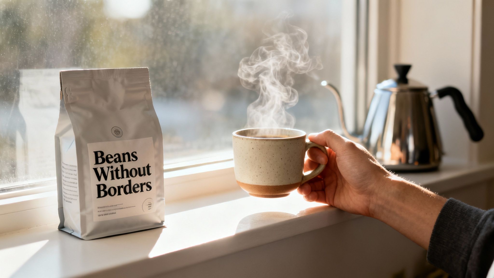 A hand holds a steaming coffee mug next to a 'Beans Without Borders' bag and a kettle on a sunlit windowsill.