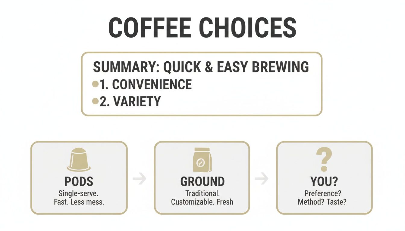 Infographic comparing coffee choices: pods versus ground coffee, highlighting convenience and variety.