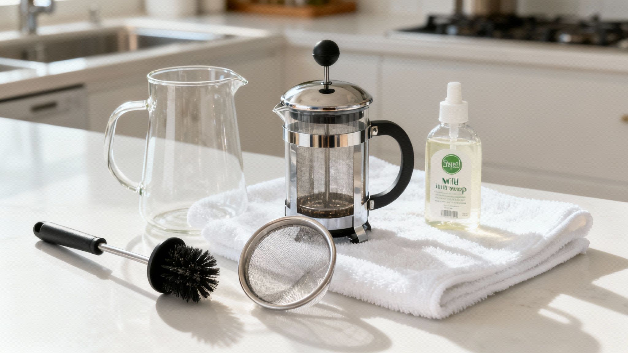 A French press coffee maker, glass pitcher, brush, mesh filter, and soap bottle on a white towel.