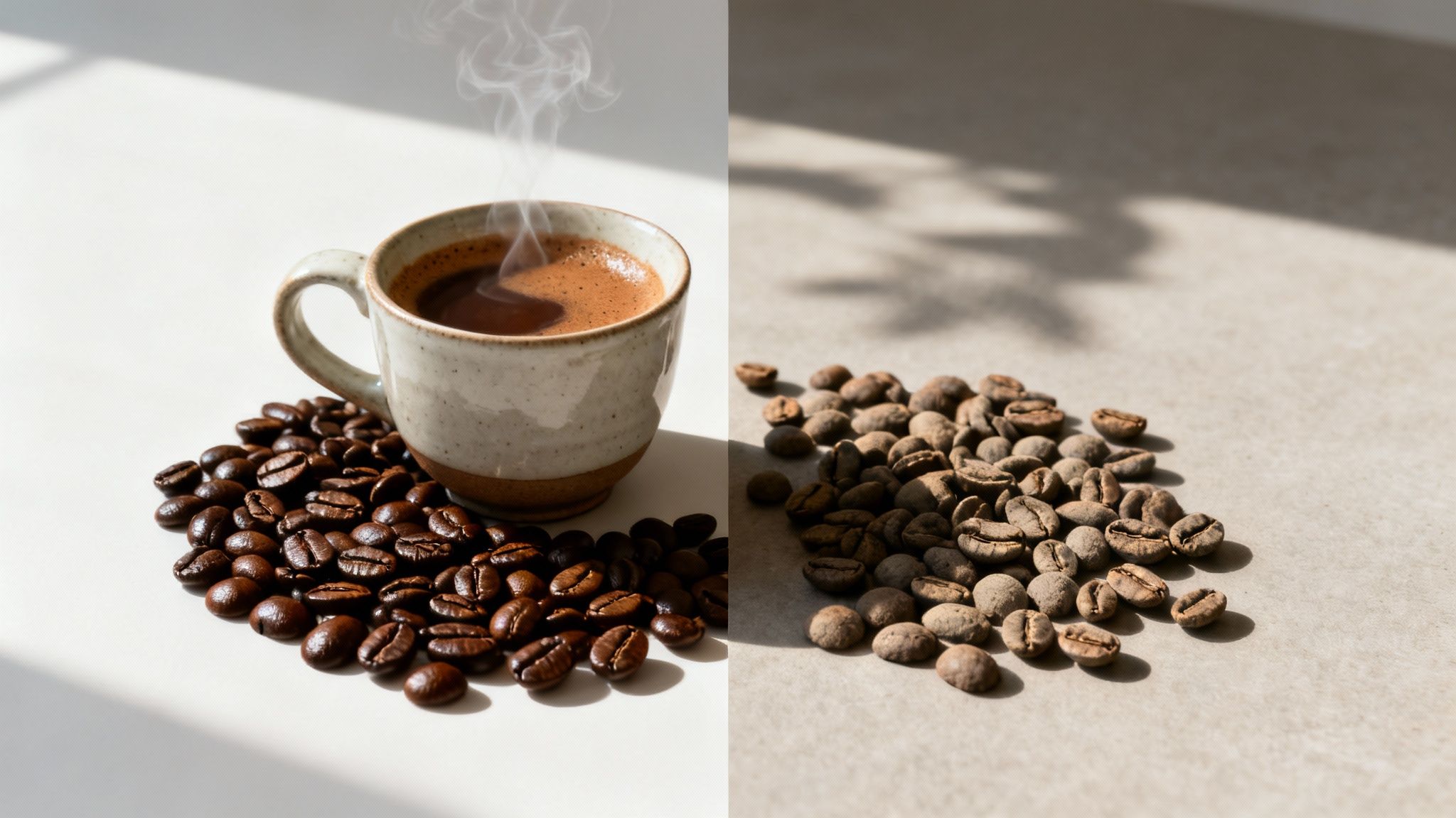 A split image showing a steaming cup of coffee with roasted beans and unroasted green coffee beans.