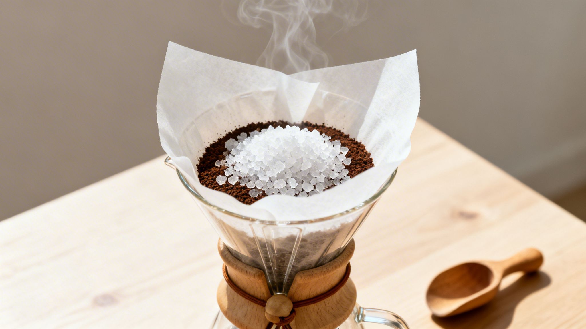 Close-up of a Chemex coffee maker with coffee grounds and rock salt in filter, with steam rising.