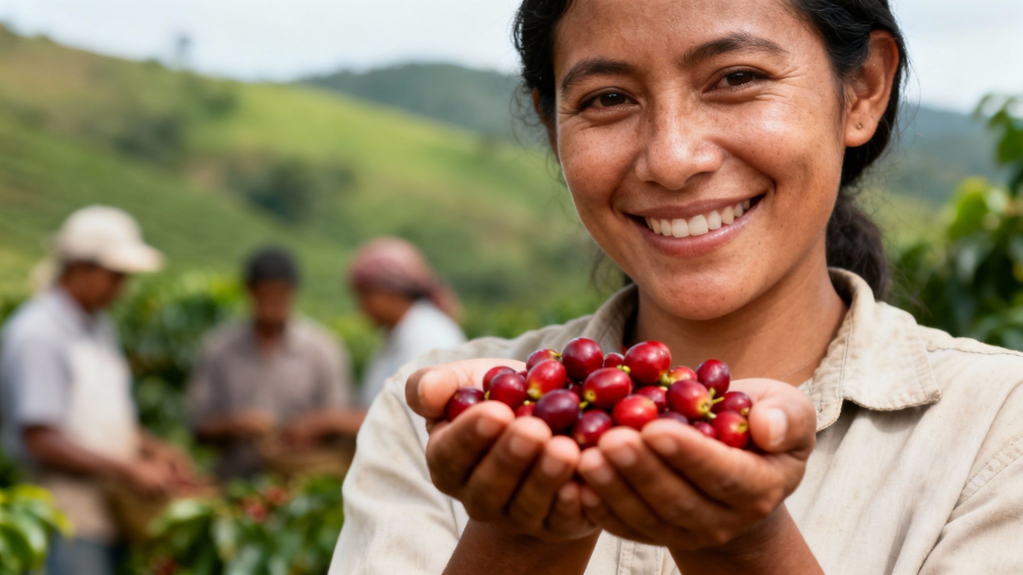 Smiling woman holds fresh red coffee cherries in her hands at a lush coffee plantation.