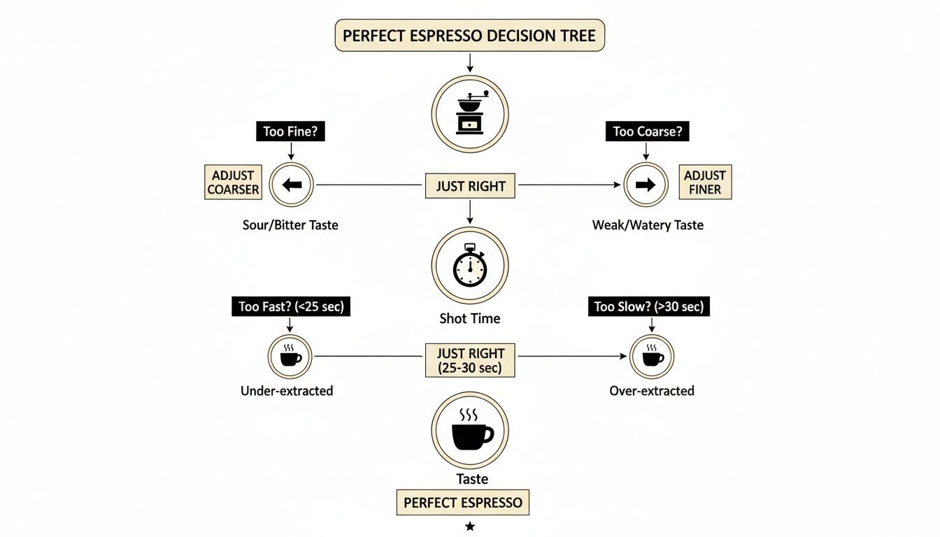 A decision tree illustrating how to achieve perfect espresso by adjusting grind size and shot time.