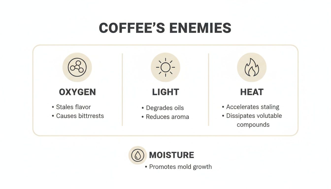 A diagram illustrating coffee's enemies: oxygen, light, heat, and moisture, and their detrimental effects.