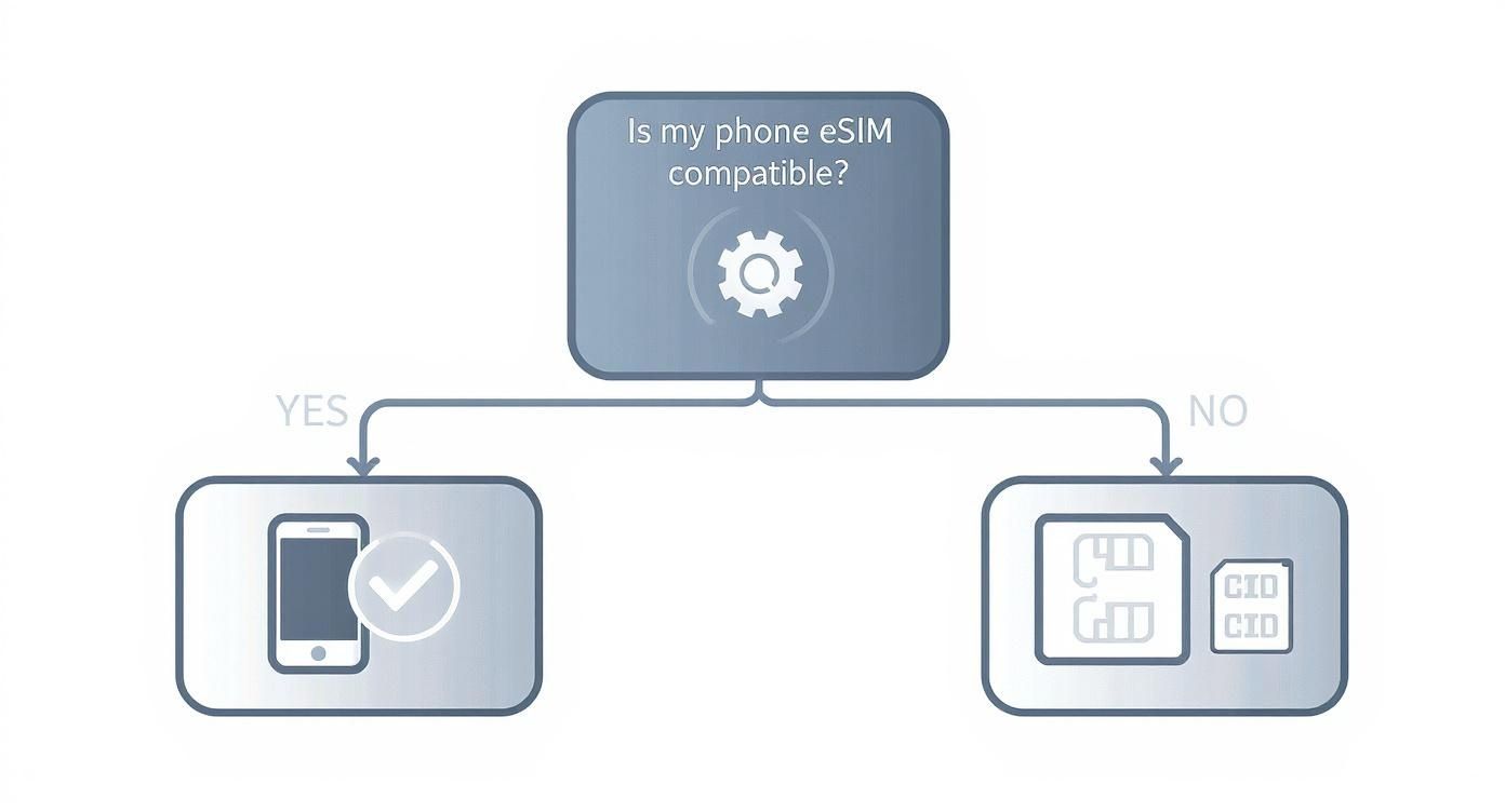 An infographic decision tree shows how to check for eSIM compatibility on a smartphone by going into settings, with branches for 'yes' leading to a ready phone icon and 'no' leading to a physical SIM card icon.