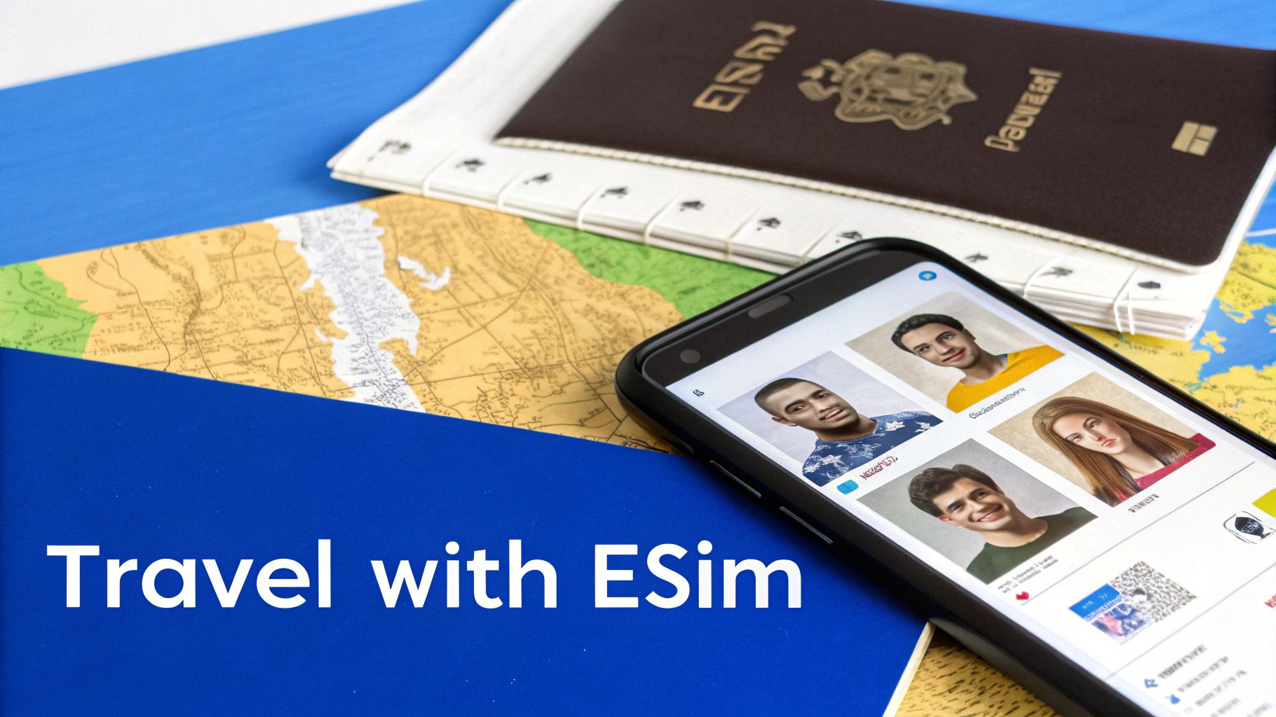 A person activating an eSIM on their smartphone with a suitcase packed for travel in the background.