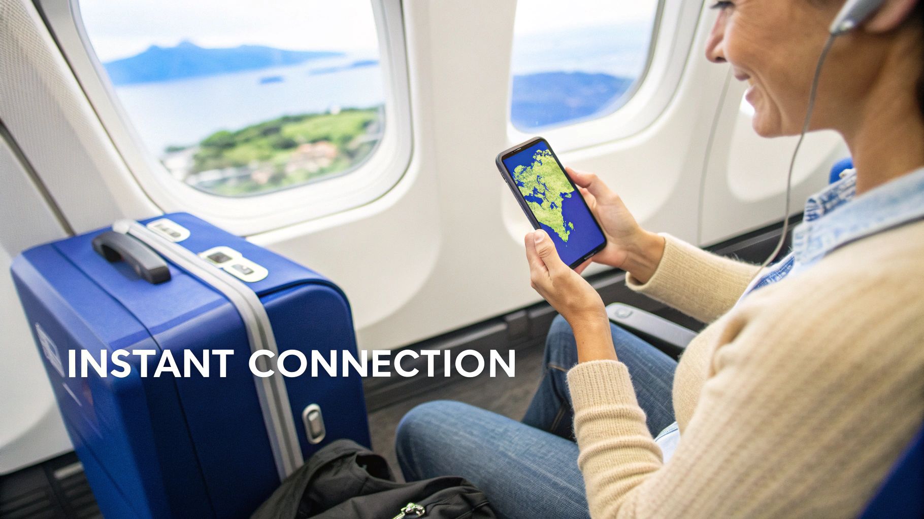 A person holding a smartphone displaying an eSIM QR code, with a plane flying in the background.