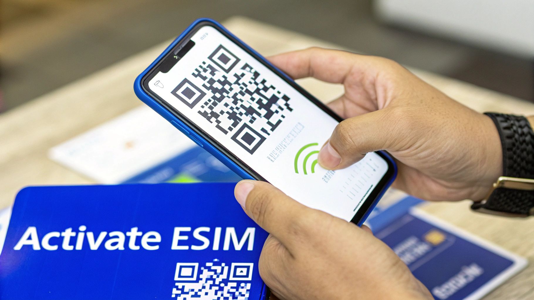 A hand holding a smartphone with an eSIM QR code displayed on the screen, ready for scanning.