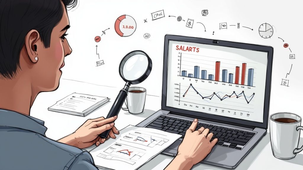 A person at a desk analyzing charts and data on a laptop and papers, symbolizing salary research.