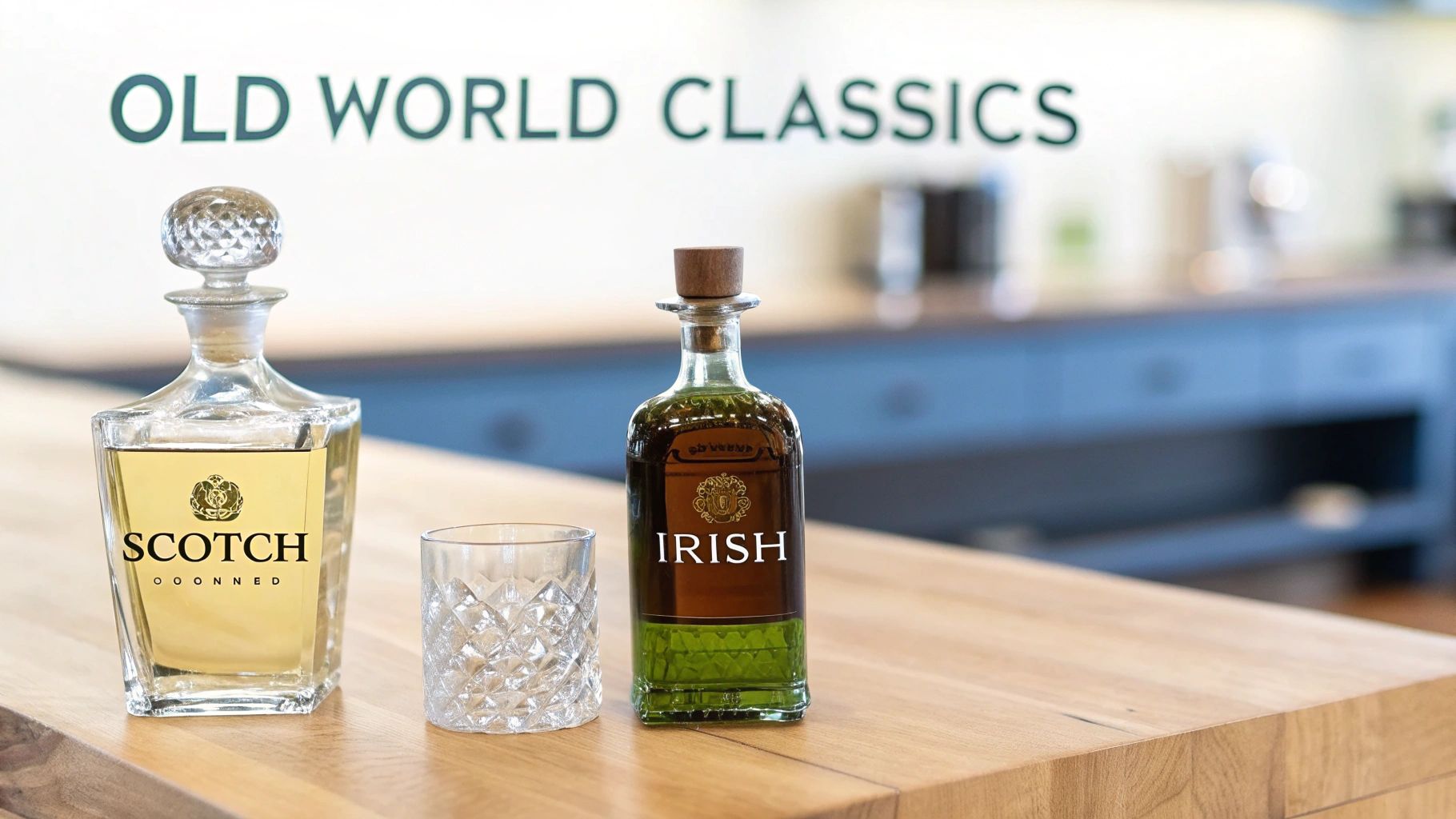 Two classic whiskey bottles, Scotch and Irish, along with a glass, on a wooden counter.