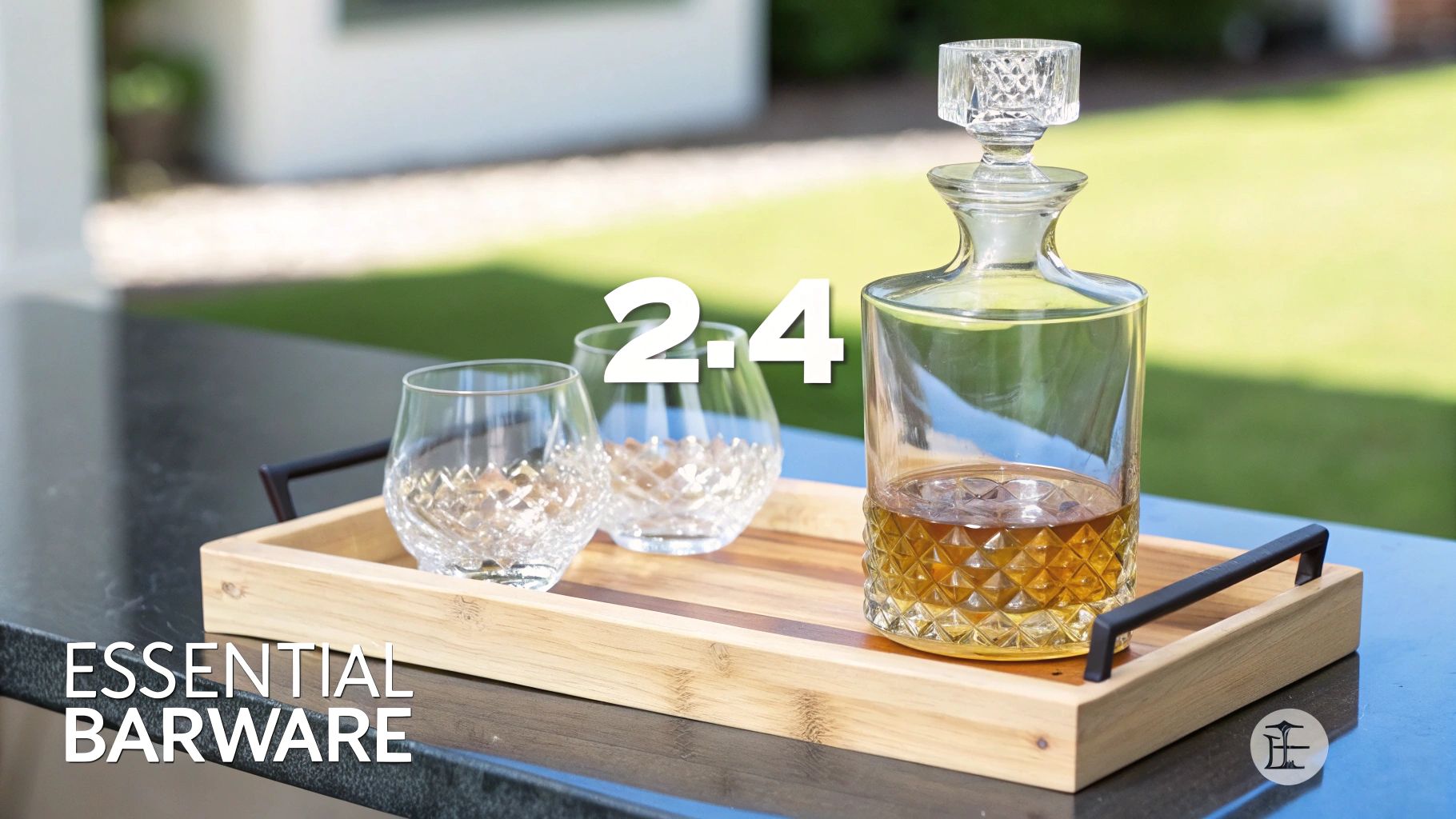 A set of elegant bourbon glasses and a decanter on a wooden surface