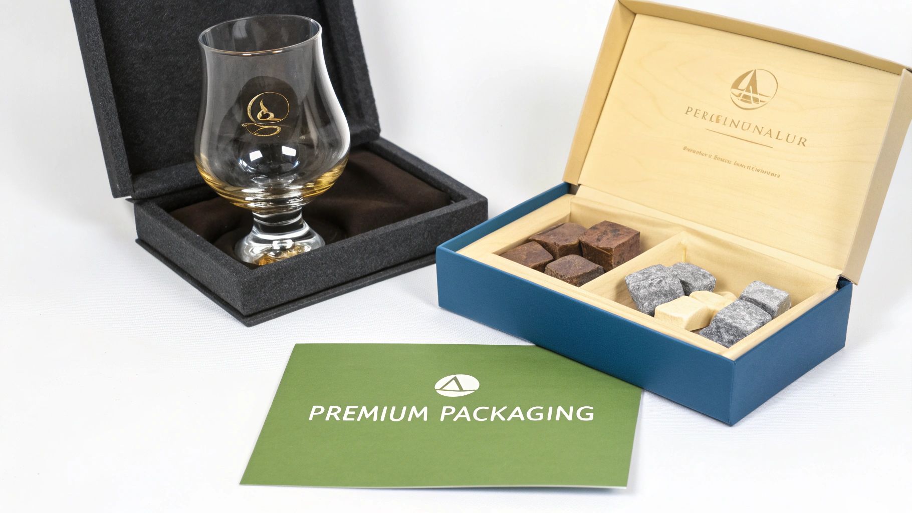 A personalized Glencairn glass in a black box, alongside a blue premium gift box with whiskey stones and chocolates.