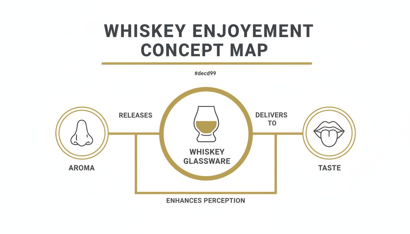 Concept map showing whiskey glassware enhances aroma perception and delivers taste for enjoyment.