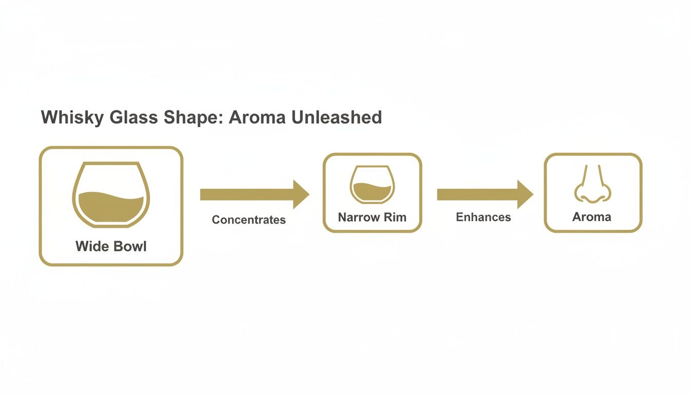 Diagram illustrating how a whisky glass shape, from wide bowl to narrow rim, enhances aroma.