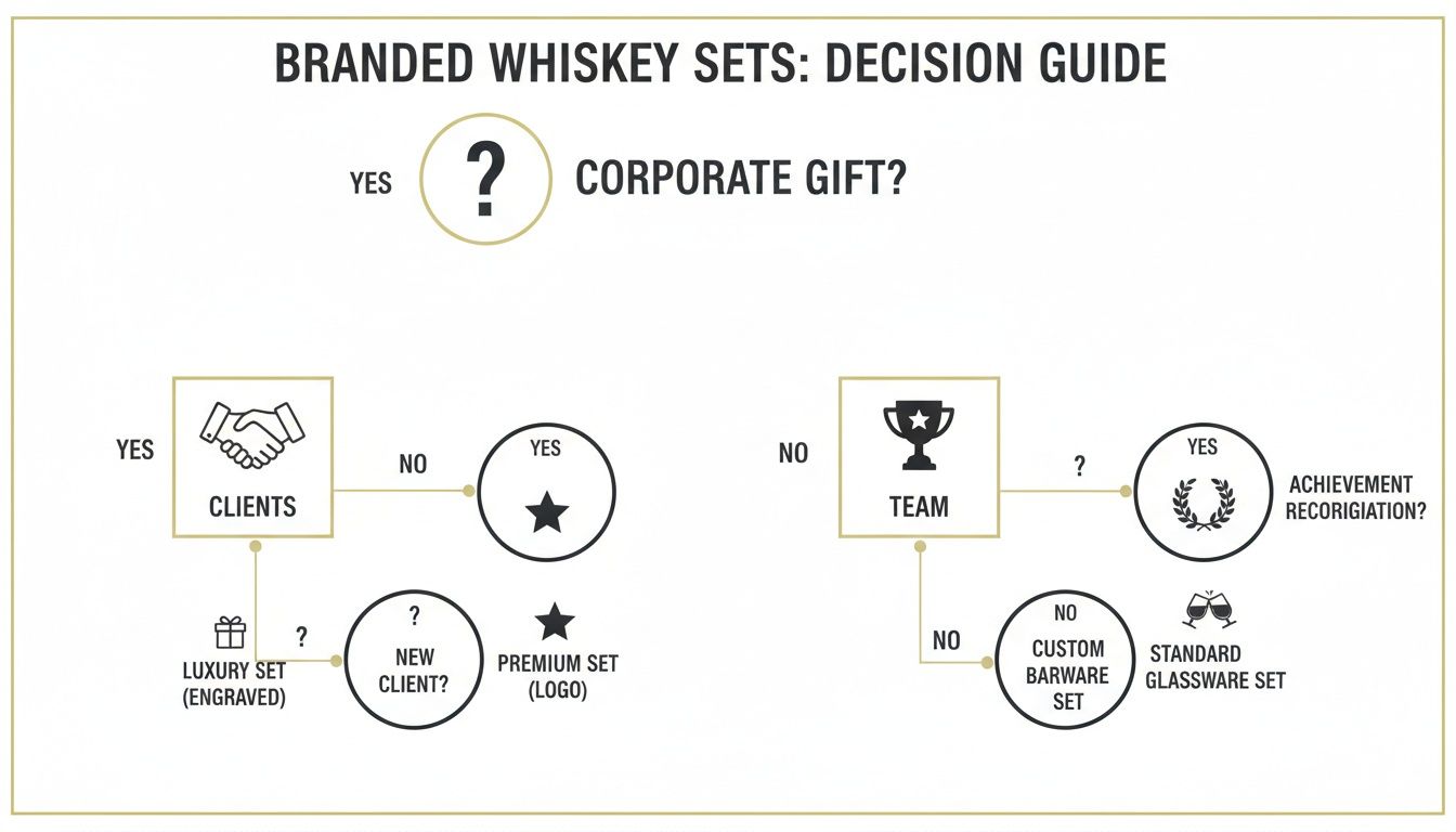 Flowchart outlining choices for branded whiskey sets as corporate gifts for clients or team recognition.