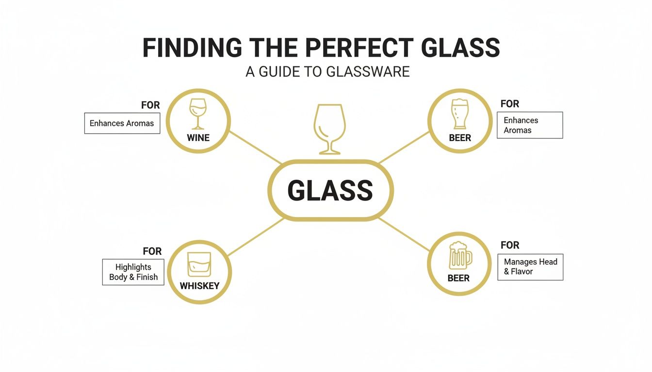 A guide to glassware, illustrating different glass types for wine, beer, and whiskey with their benefits.