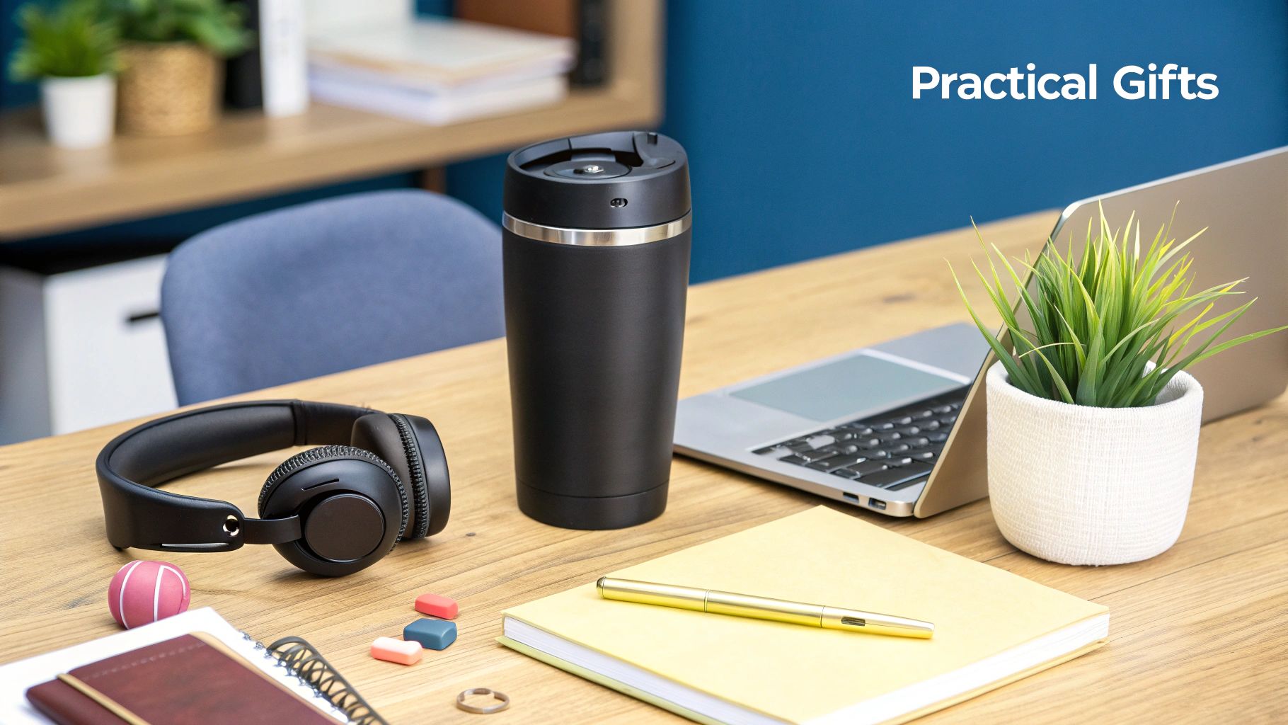 A modern home office setup with high-quality tech gadgets and drinkware.