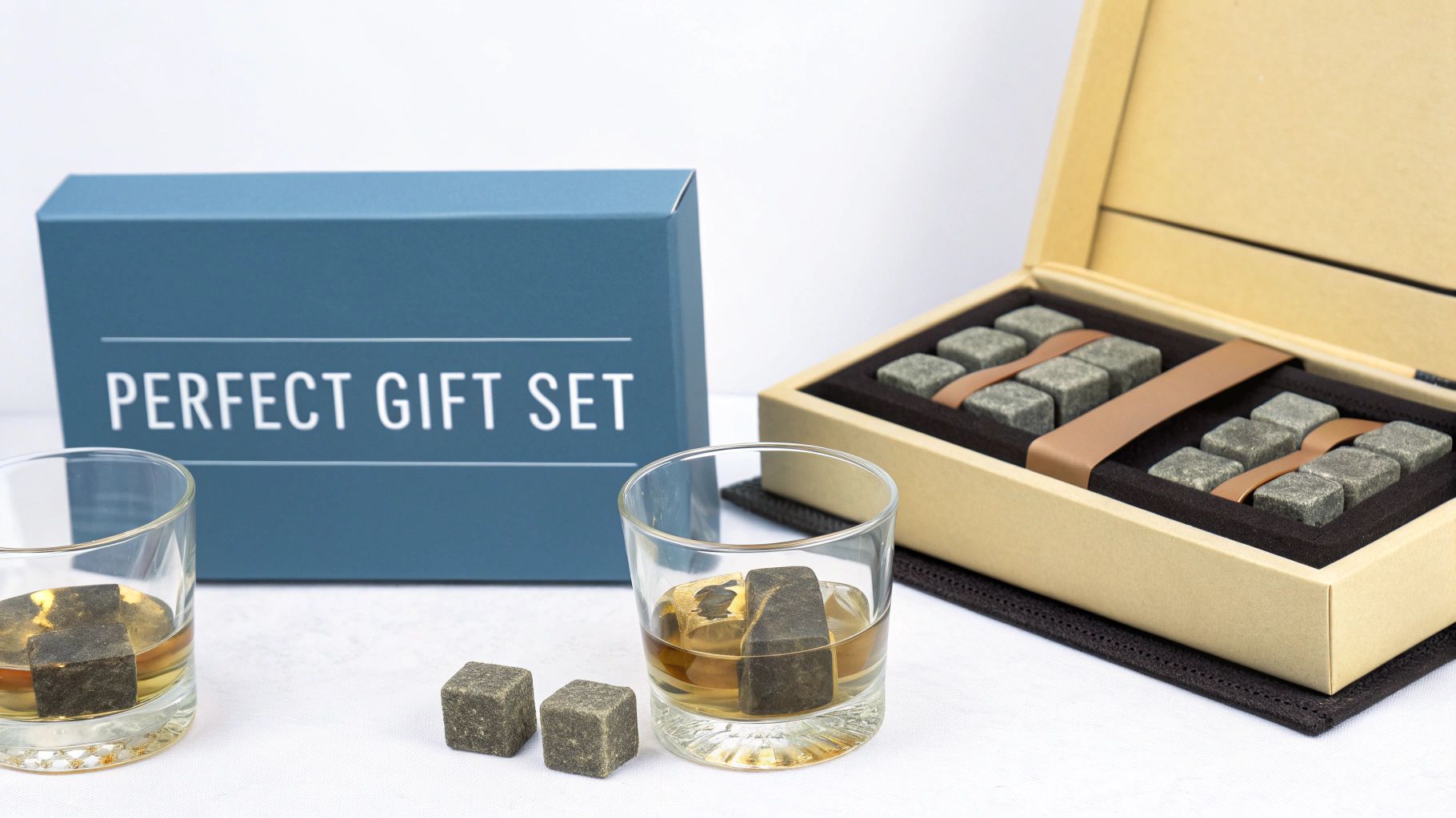 A whiskey gift set featuring glasses with chilling stones, a blue box, and an elegant wooden box.