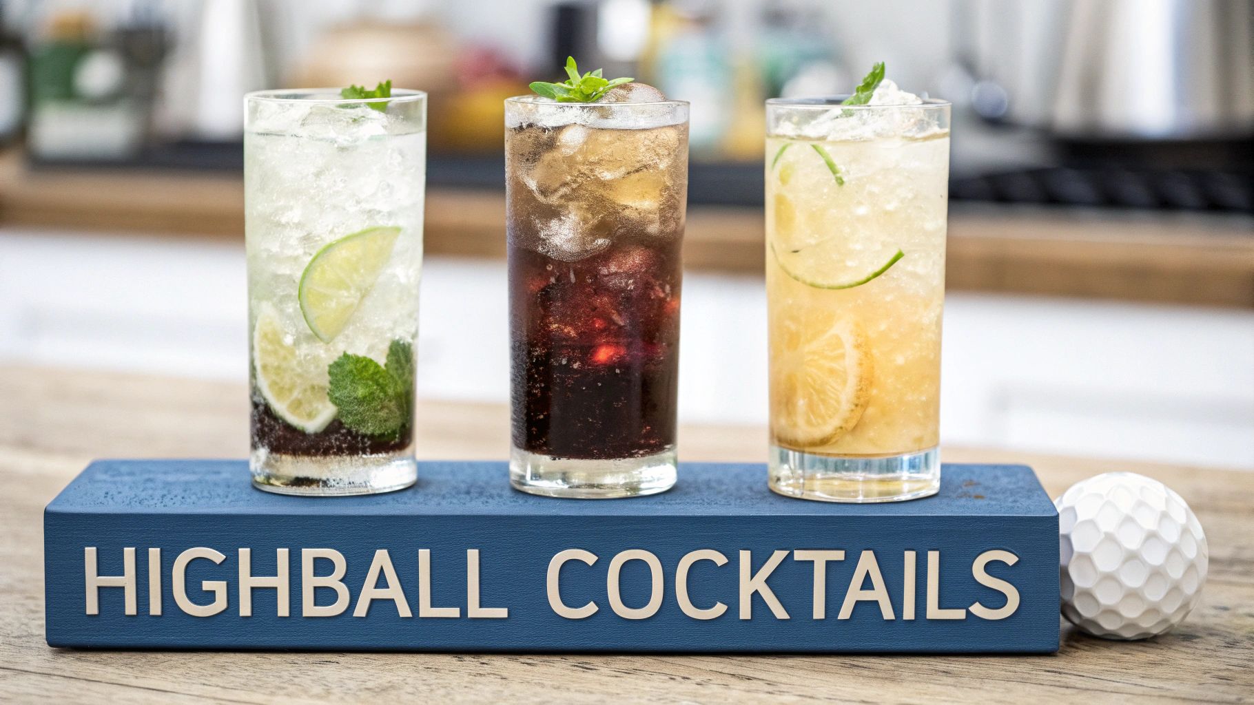Three refreshing highball cocktails with mint and citrus garnishes, presented on a blue stand with a golf ball.