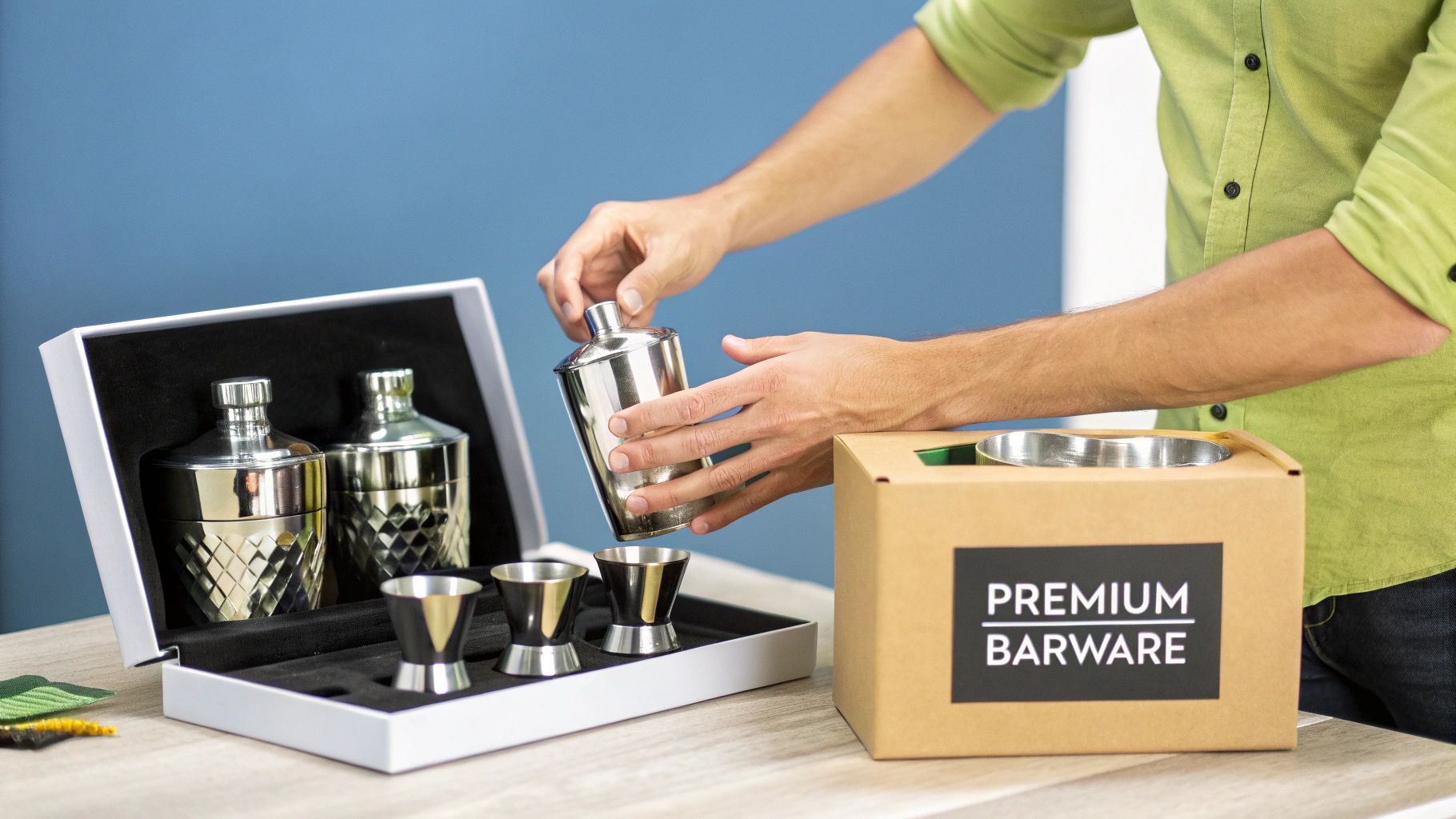A person unboxing a beautifully crafted decanter set as a corporate gift.