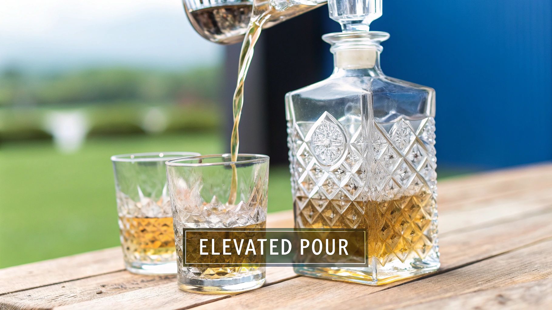 A decanter for Scotch placed elegantly on a wooden surface, showcasing its clarity and design.