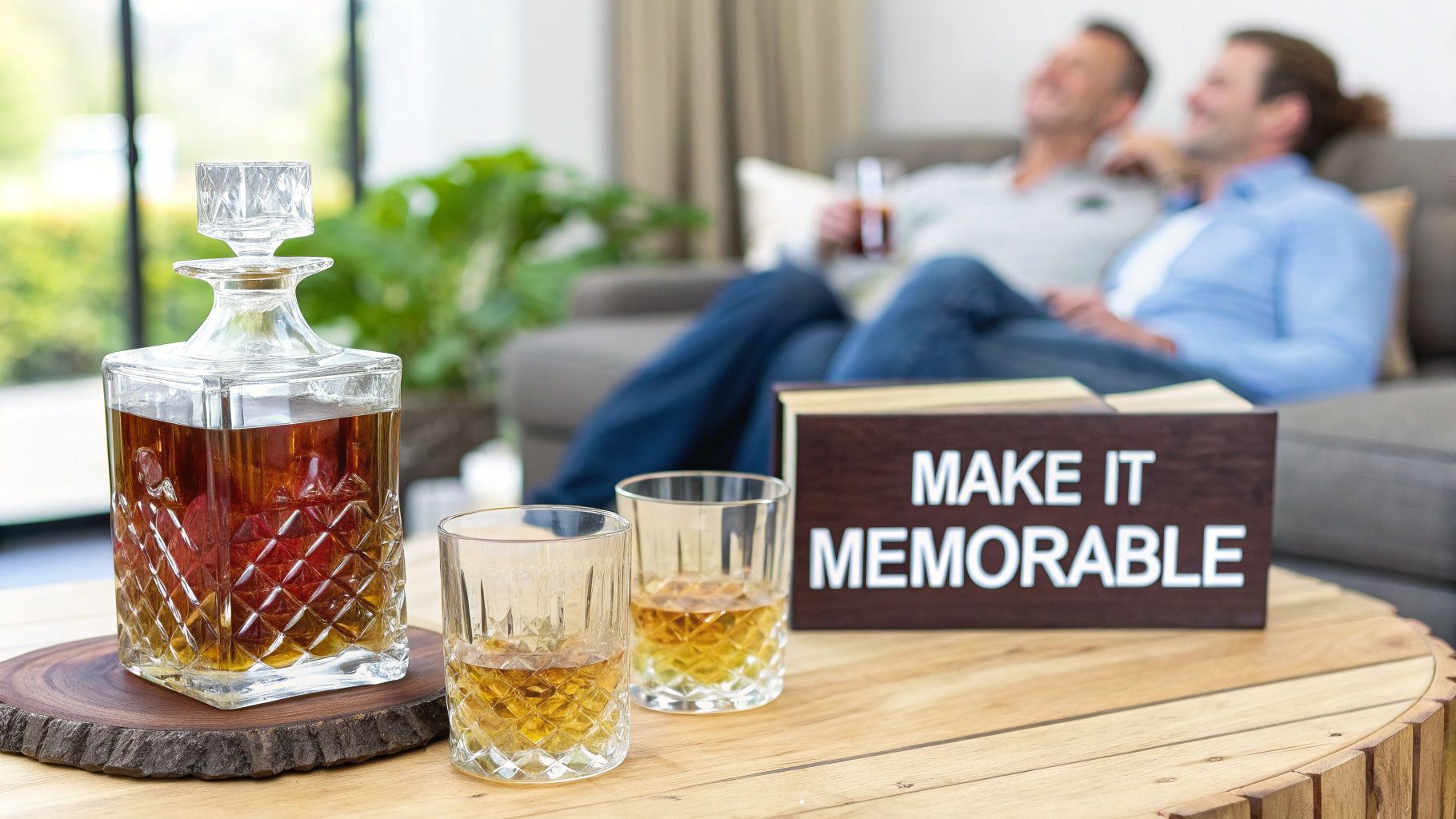 A whiskey decanter, two glasses, and a 'Make It Memorable' sign on a wooden table, with a happy couple relaxing.
