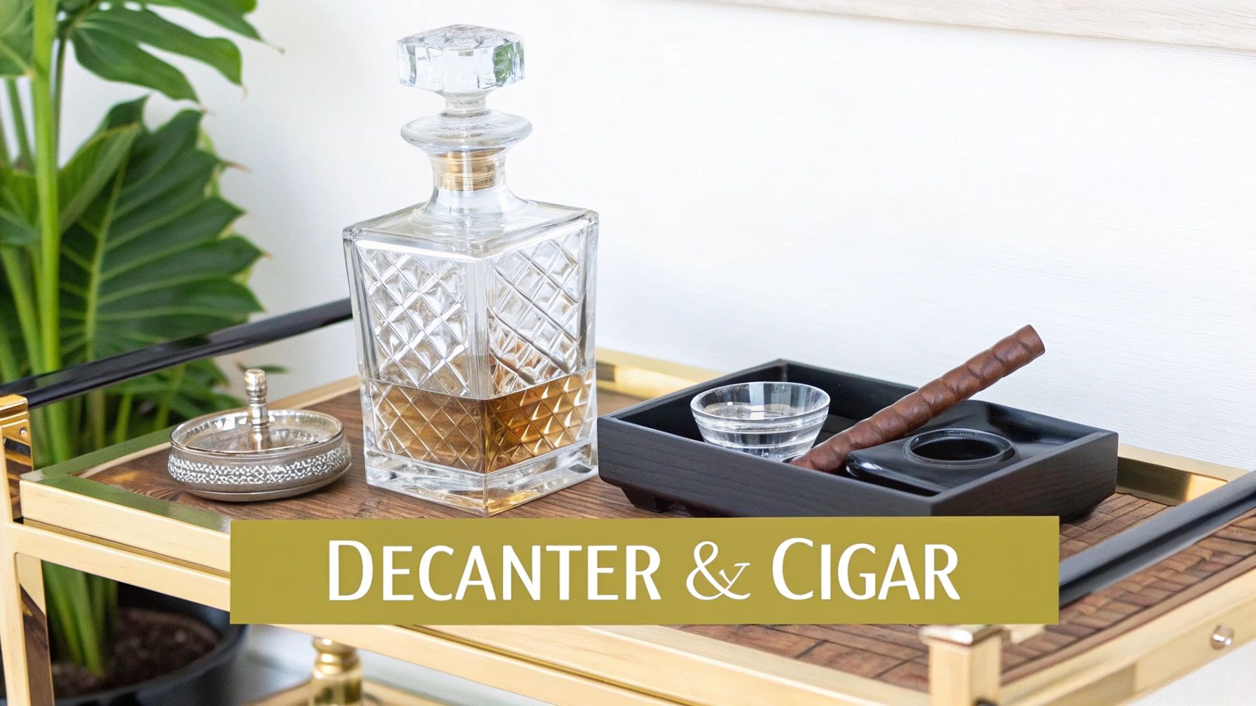 A crystal whiskey decanter, a cigar, and a glass of water on a modern gold bar cart.