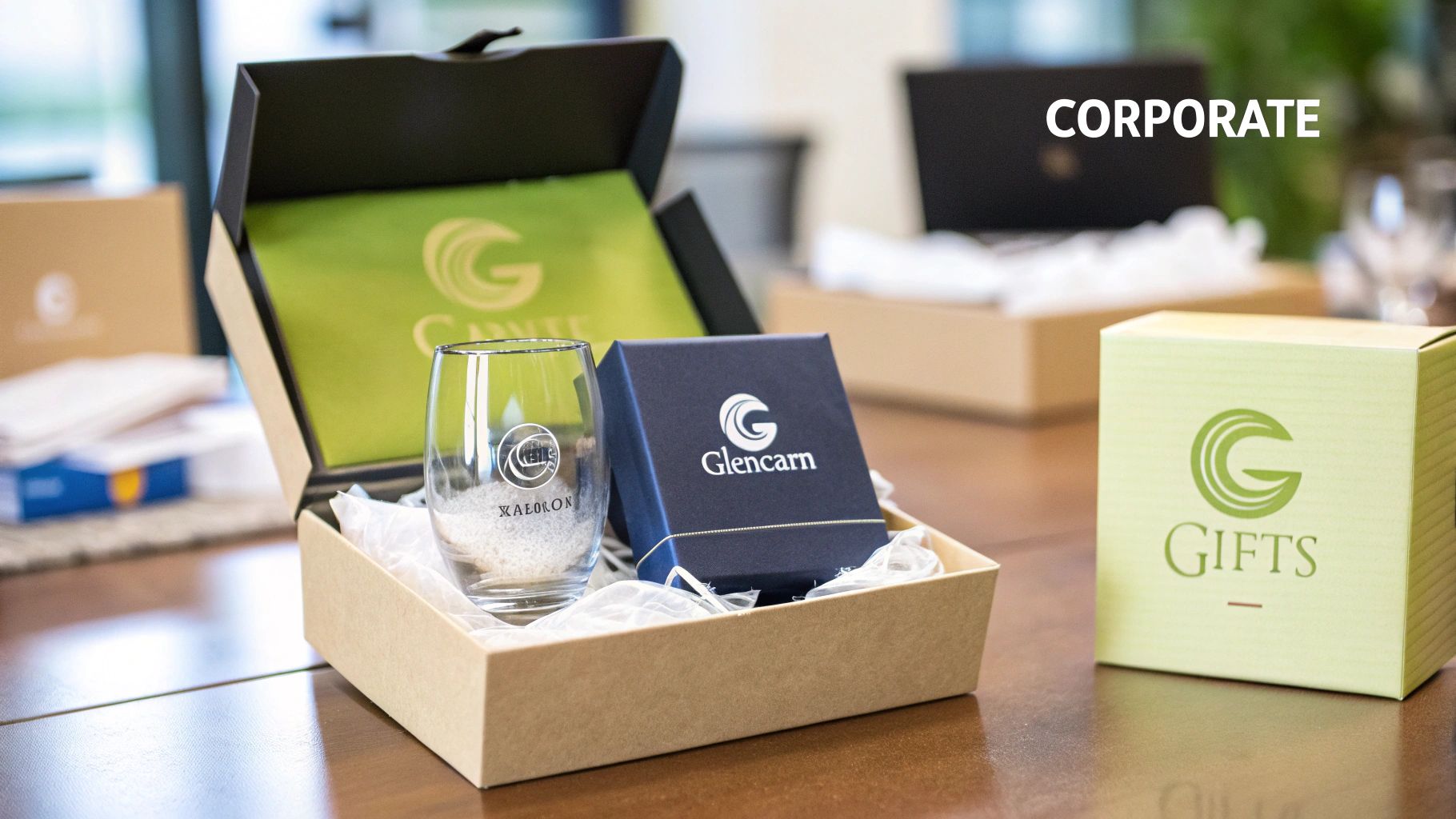 An open corporate gift box with a custom Glencairn whiskey glass and a Glencairn branded box.