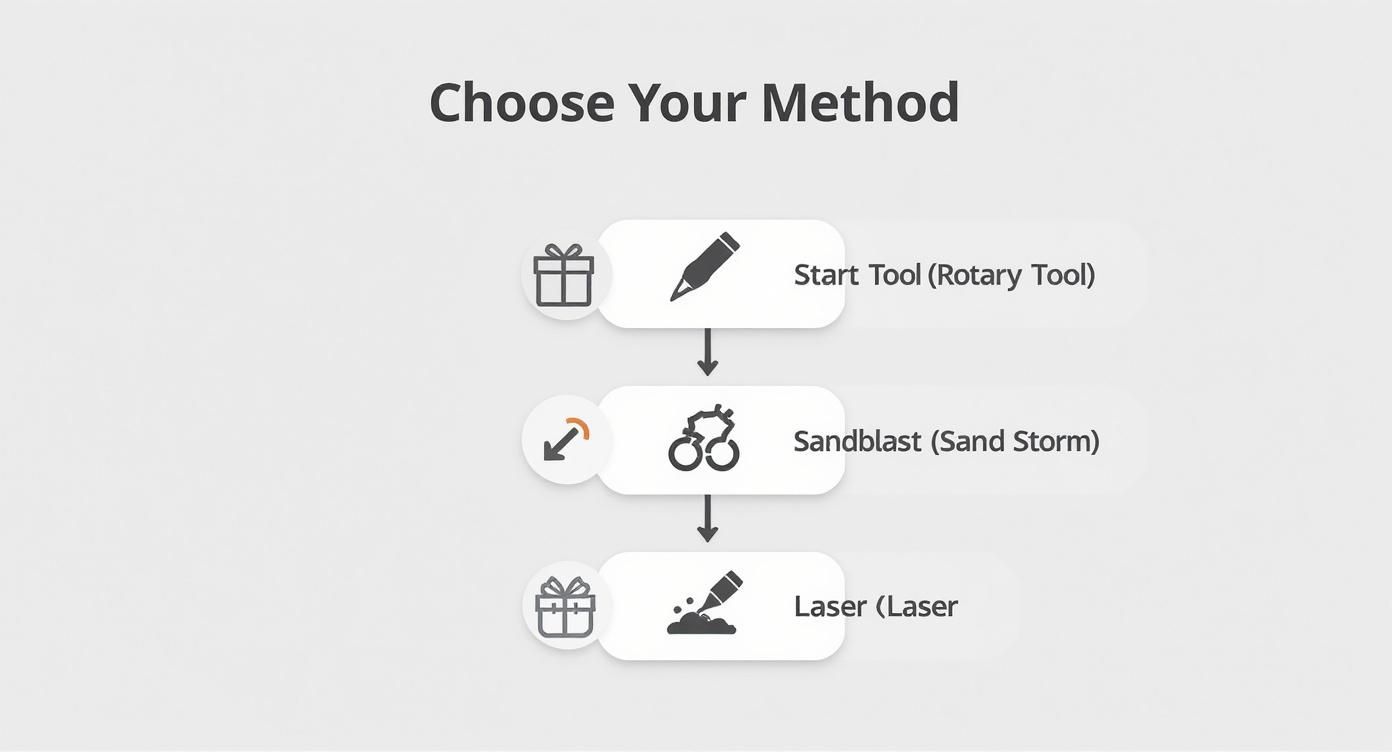 A flowchart titled 'Choose Your Method' illustrating three engraving techniques: rotary tool, sandblast, and laser.