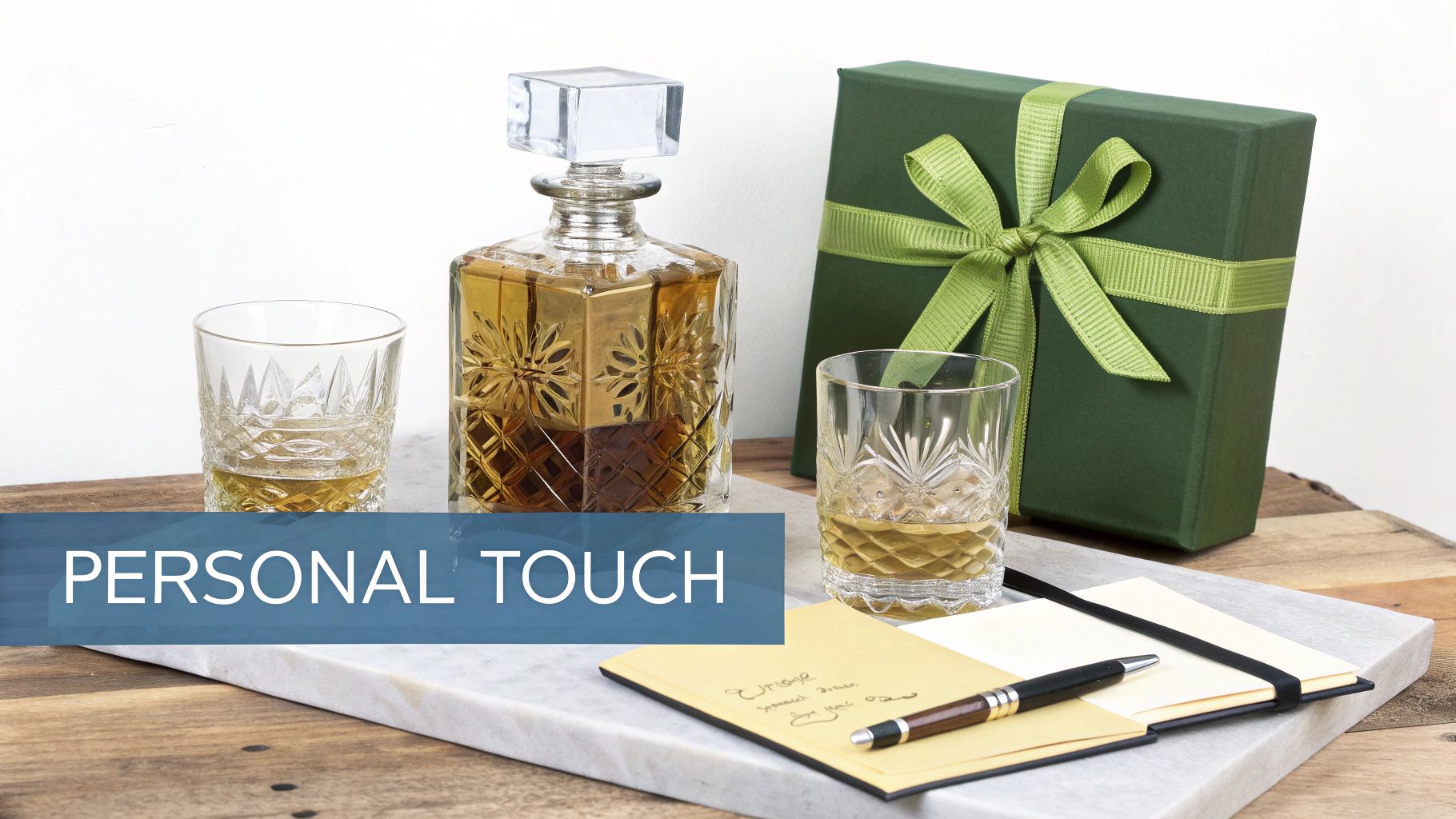 A luxurious crystal decanter with whiskey, two matching glasses, a green gift box with a bow, and a notepad with a pen on a marble tray.