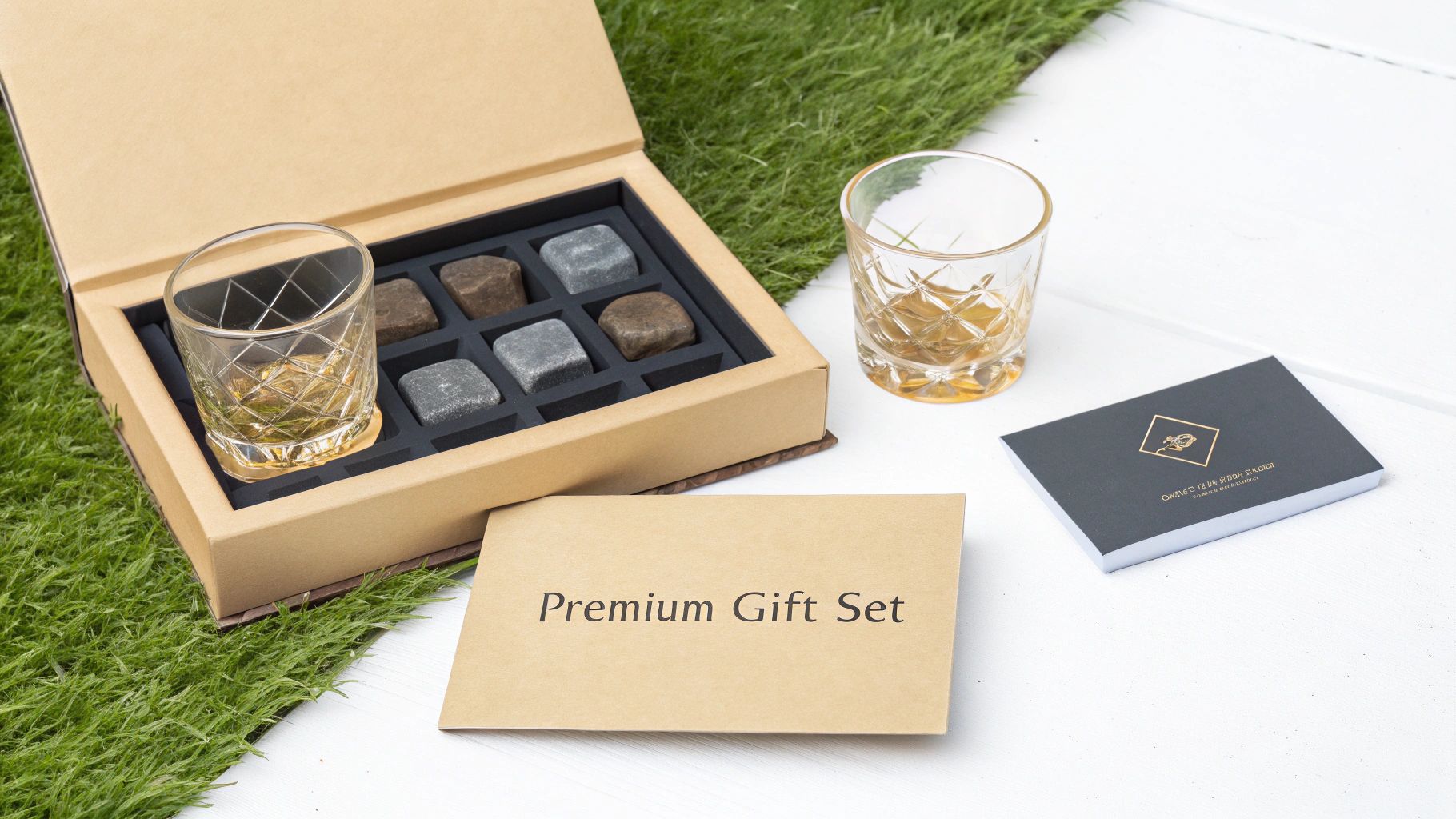 A premium whiskey gift set with two glasses, six chilling stones, and informational cards on white wood and green grass.