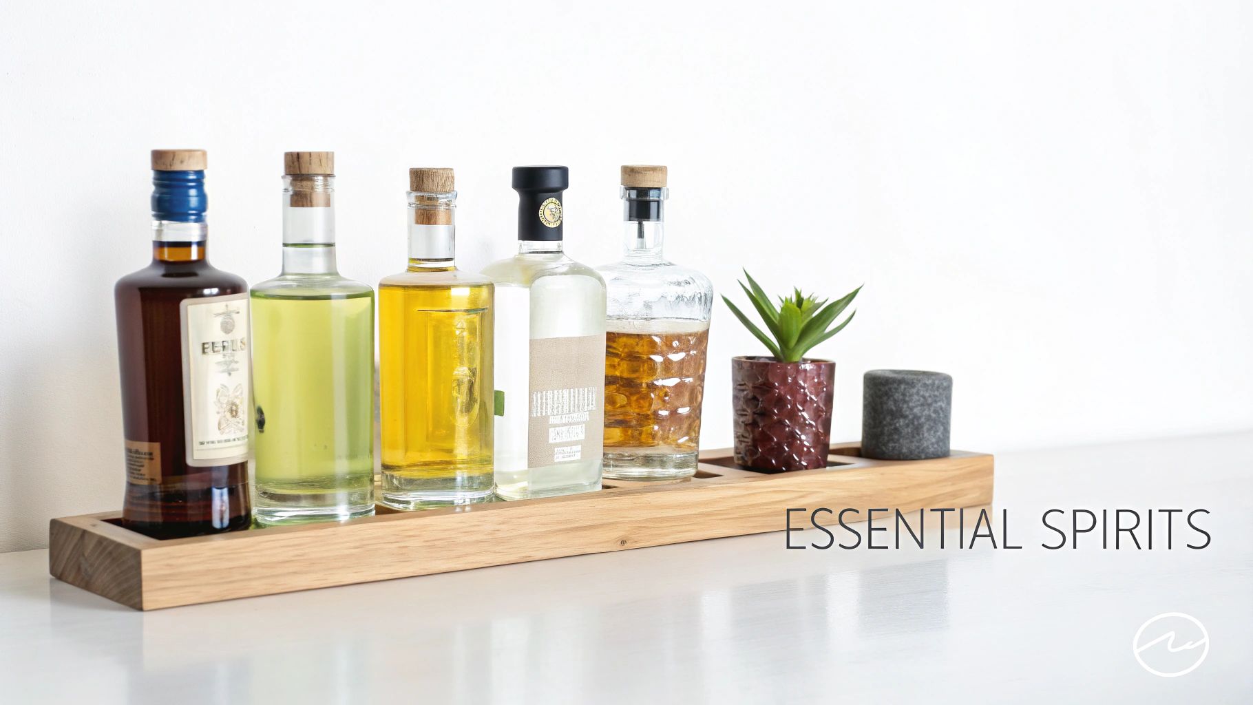 Five bottles of various spirits, a small plant, and a grey object on a light wooden tray.