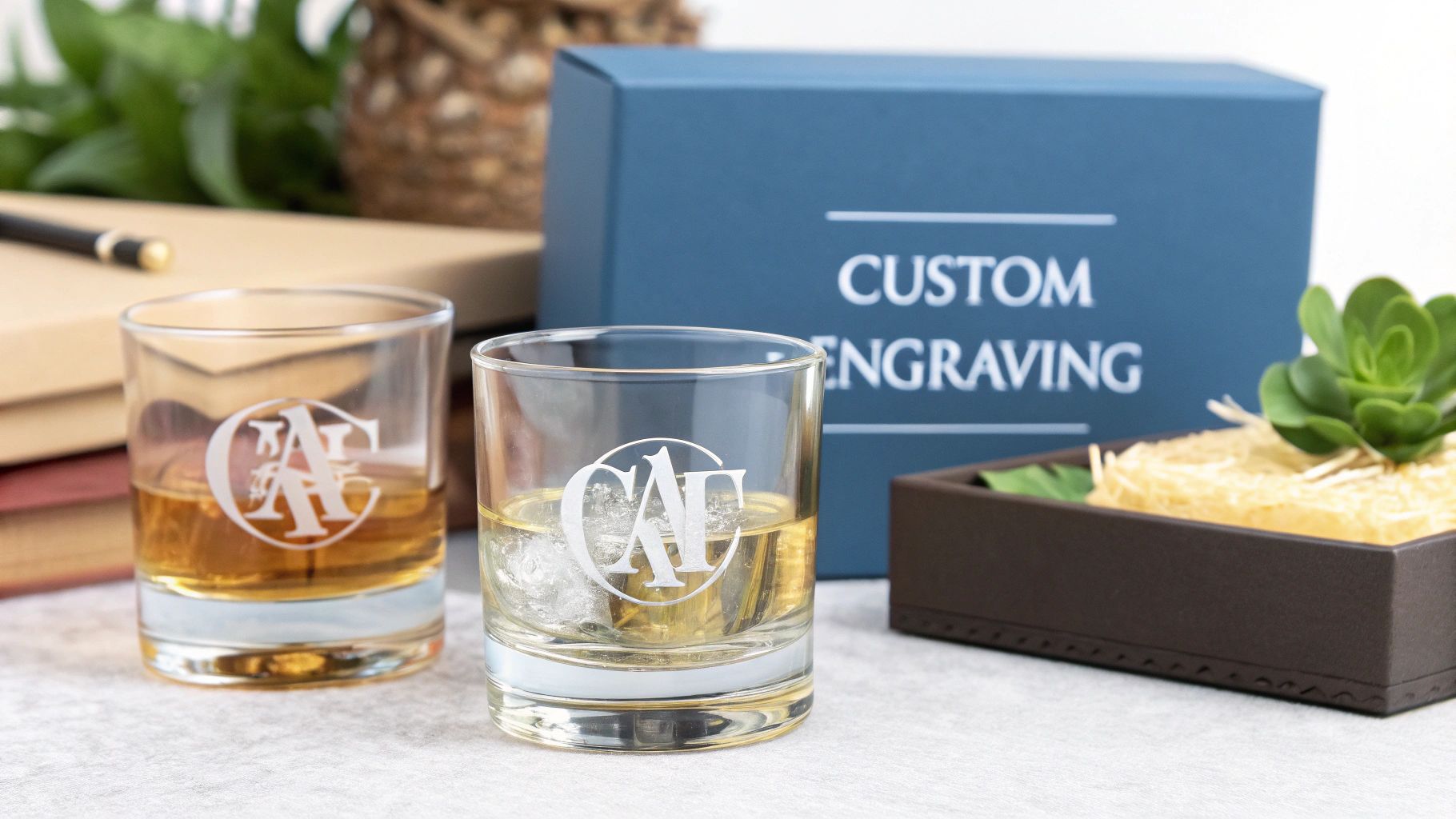 Personalized whiskey glasses with custom engraving, one containing ice, beside a 'CUSTOM ENGRAVING' gift box.