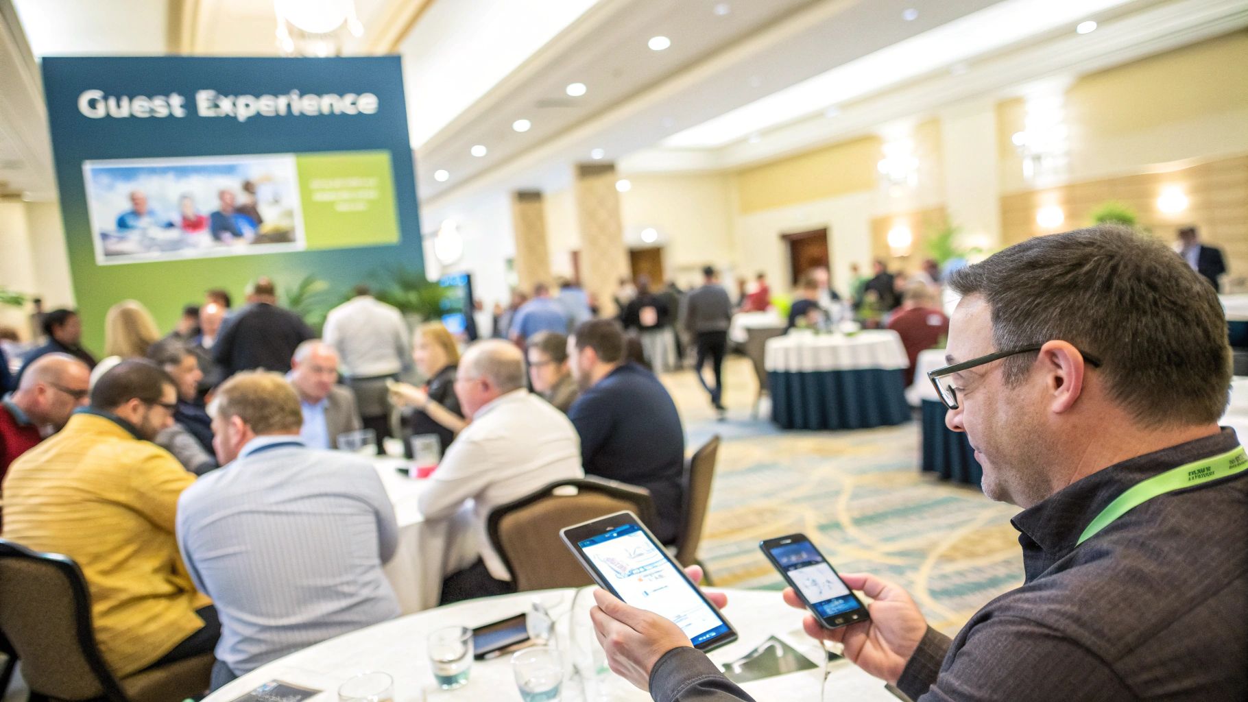 Attendees networking and engaging at a modern corporate event