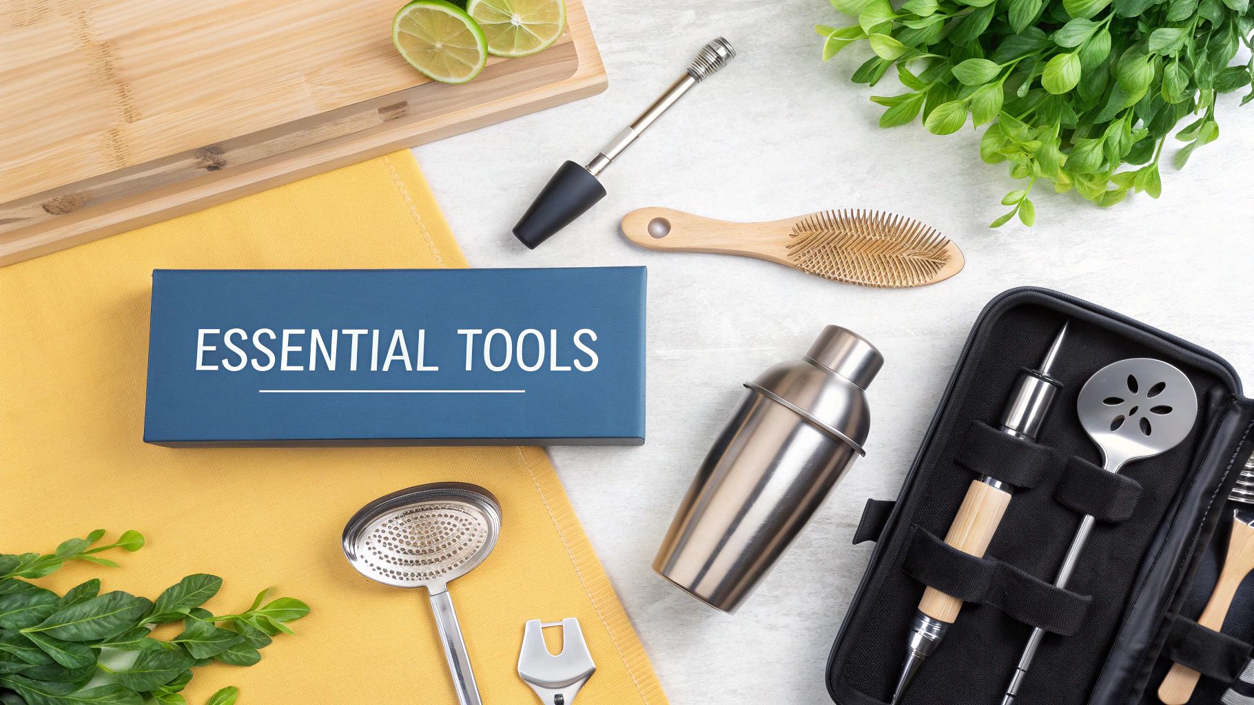 Essential cocktail making tools and fresh limes laid out on a light-colored table.