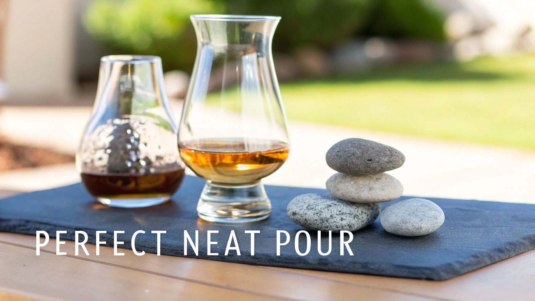 Two glasses of whiskey, one dark and one golden, on a slate tray with stacked zen stones outdoors.