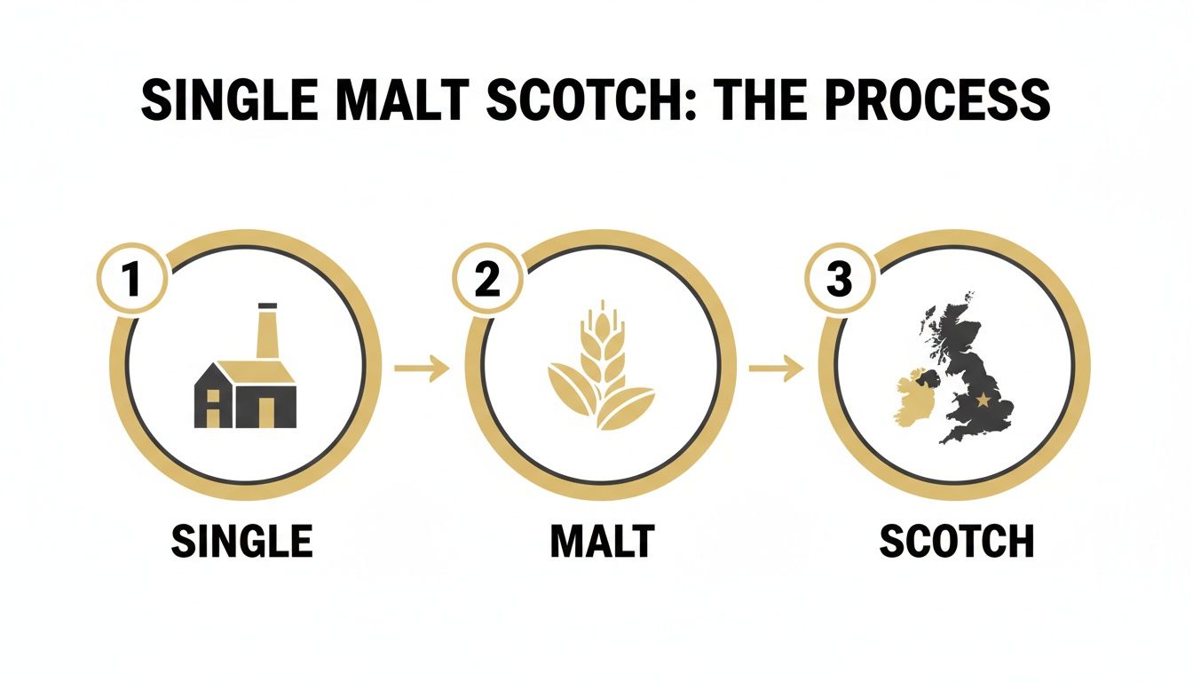 Infographic illustrating the single malt Scotch whisky process, showing a distillery, malt, and a map of Scotland.