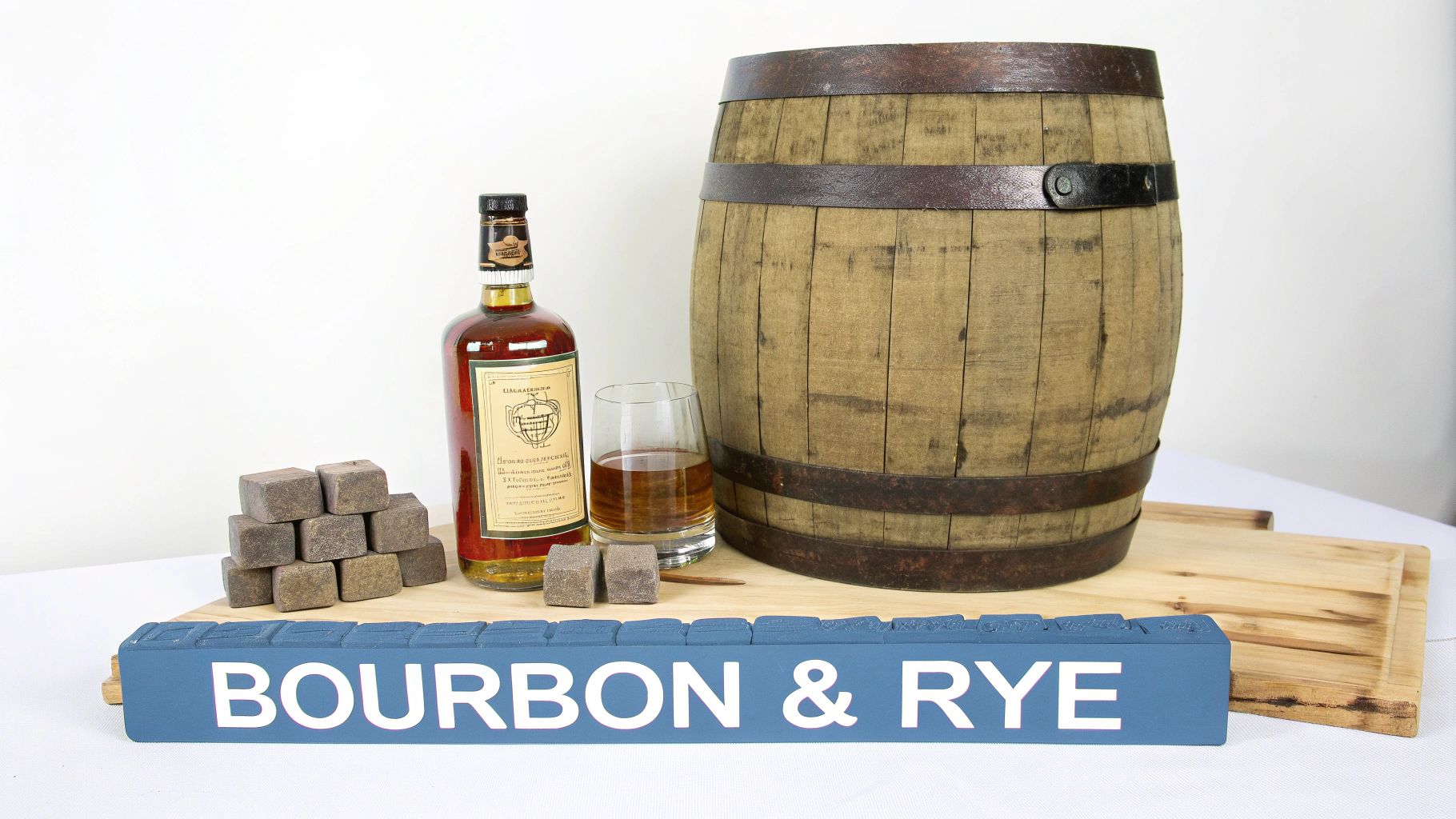 A whiskey bottle, glass, wooden barrel, and whiskey stones displayed with a 'BOURBON & RYE' sign.