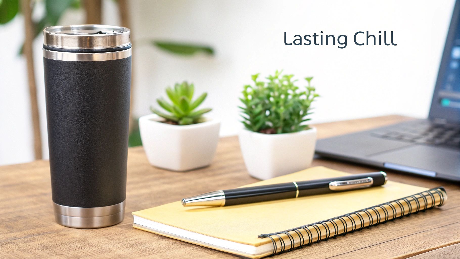 An insulated tumbler with a handle, sitting on a desk.