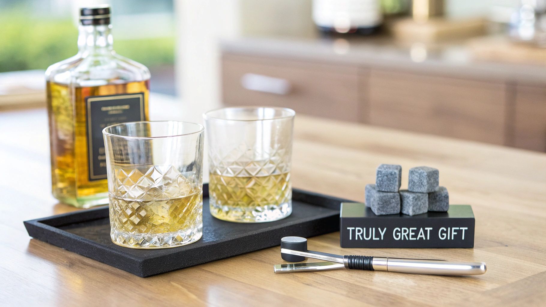 A whiskey gift set featuring a bottle, two glasses, chilling stones, and a 'Truly Great Gift' plaque.